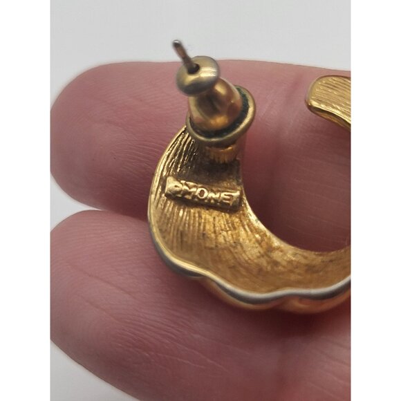 Monet Vintage Gold Tone Pierced Earrings Swirl C Half Hoop Classic - Picture 6 of 7